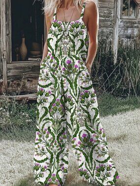Boho Floral Print Square Neck Pockets Wide leg Jumper Jumpsuit